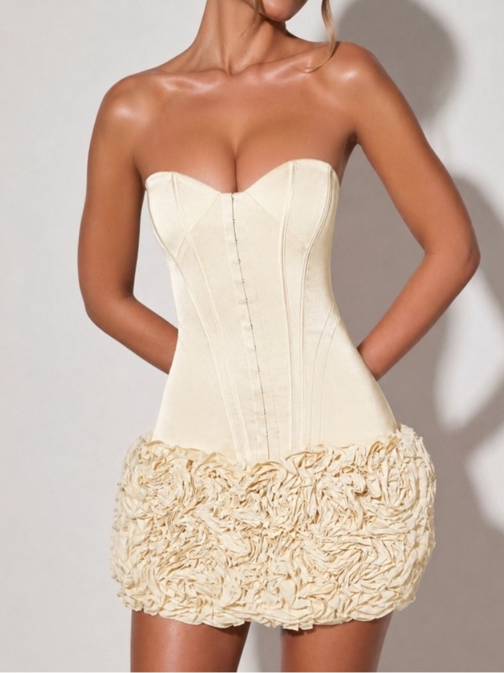 Oh Polly Strapless Cream Corset Dress with Rosette Skirt NWT
